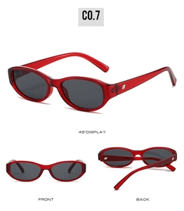 Three perspectives of retro oval red sunglasses with silver metal detail and dark lenses