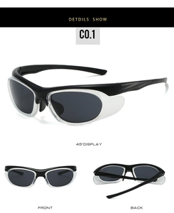 Detail view of black Y2K sports sunglasses with side shields for wind protection