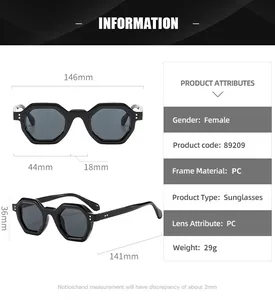 Detailed size chart for polygon sunglasses with 146mm width and PC frame specifications