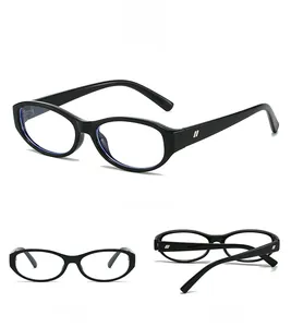 Three-view layout of retro oval sunglasses showing front, side and folded black frame detail