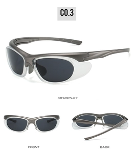 Three perspectives of metallic grey Y2K sports sunglasses with aerodynamic side shields