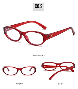 Three-view detail of red translucent oval frames showing front, side and back angles