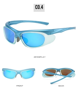 Three-view layout of blue mirrored Y2K sports sunglasses with wrap-around frames