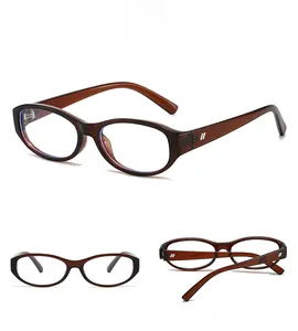 Three-angle view of vintage oval sunglasses with translucent dark brown frames and metal hinges