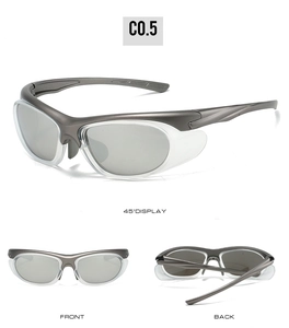 Three-view display of Y2K sporty sunglasses with silver frames and side shields