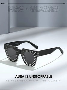 Detailed view of black square sunglasses with crystal ribbed edges and CE marked temple