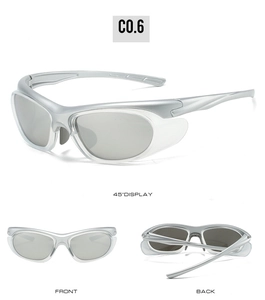 Three-angle view of silver Y2K sports sunglasses with aerodynamic side shields