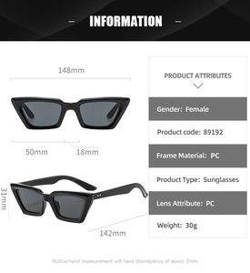 Detaillierte Größenangaben für eckige Cat-Eye-Sonnenbrille mit Rahmenmaßen in mm