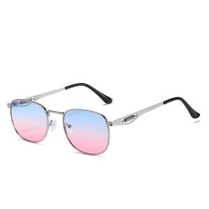 Retro metal sunglasses with gradient blue-pink lenses and silver spring temple design