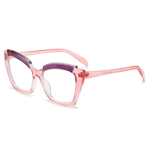 Stylish cat-eye blue light blocking glasses with purple and transparent pink frames