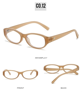 Three-angle view of vintage oval sunglasses in translucent brown with metal accents