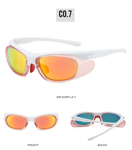 Three-view detail of white sports sunglasses with orange mirrored lenses and red nose pads