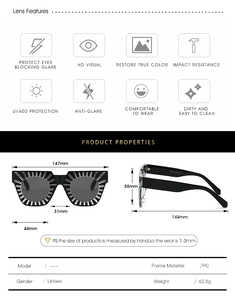 Technical size guide and feature specifications for hollow square frame sunglasses