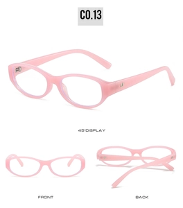 Macro detail of pink oval frame glasses with metal accents and 360 view display
