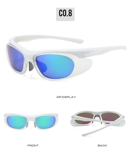 Multiple views of white Y2K sports sunglasses with blue and green mirrored lenses