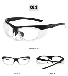 Macro display of black Y2K sports sunglasses showing 45-degree, front, and back views