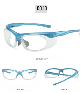 Detailed views of light blue Y2K sports sunglasses from front, back, and 45-degree angles