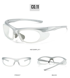 Silver Y2K sports sunglasses with clear lenses shown in front, back and 45-degree views