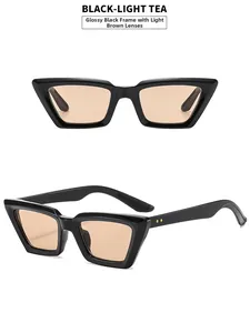 Detailansicht der Cat-Eye-Sonnenbrille mit glänzend schwarzem Rahmen und Teegläsern