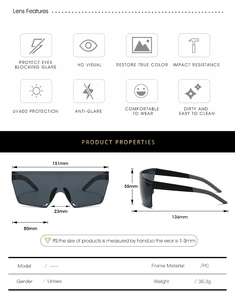 Detailed technical diagram of cycling sunglasses showing PC frame dimensions and UV400 lens data