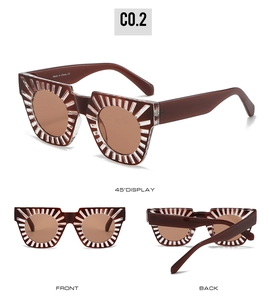 Detailed close-up of dark brown square sunglasses with unique radiated frame texture