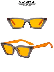 Detailansicht der transparenten grauen Cat-Eye-Sonnenbrille mit orangefarbenen Gläsern