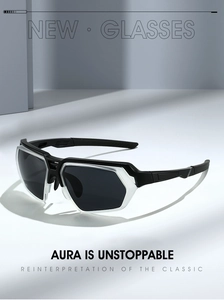 Detail of ergonomic sports sunglasses with anti-slip texture and sleek black frame