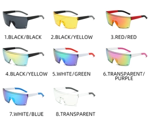 Matrix display of eight colorful frameless oversized cycling sunglasses for outdoor sports