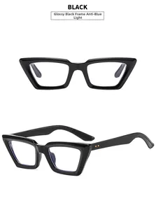 Detailsicht der glänzend schwarzen Cateye-Brille mit Blaulicht-Schutzgläsern
