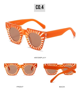 Three-view display of orange square sunglasses with unique radial texture and dark lenses