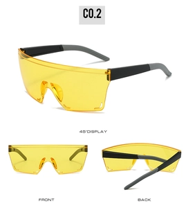 Detailed views of outdoor cycling sunglasses with yellow rimless lens and black temples