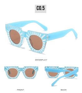 Multi-angle view of light blue sunburst frame sunglasses with brown circular lenses