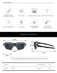 Detailed size guide and PC frame specifications for cycling sports sunglasses