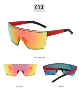 Three-view display of rimless cycling sunglasses with red gradient lenses and sport temples
