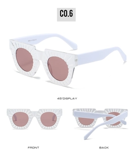 Three-angle view of pink lens sunglasses with textured transparent frames and white temples