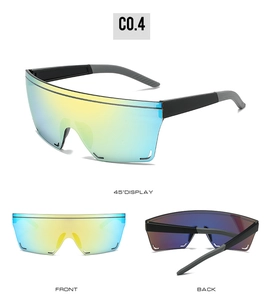 Three-view display of outdoor cycling sunglasses with rainbow lenses and black frame