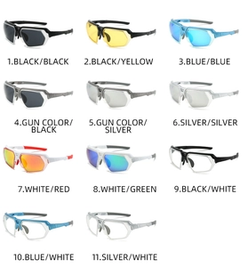Grid display of sports cycling sunglasses with 11 different frame and lens color options