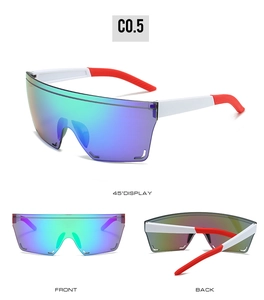 Three-view display of rimless cycling sunglasses with colorful mirrored lenses and red-white legs