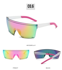 Frameless oversized cycling sunglasses featuring pink and yellow gradient lenses with multi-angle views