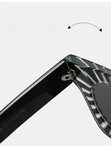 Macro shot of durable metal hinges and temple specifications on square sunglasses