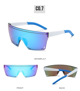 Multiple views of oversized frameless cycling sunglasses with blue mirrored lens