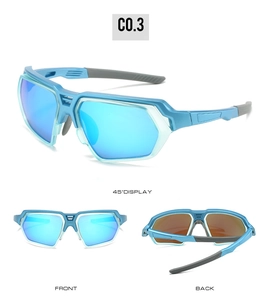 Detail view of sky blue cycling sunglasses with blue reflective lenses and anti-slip tips