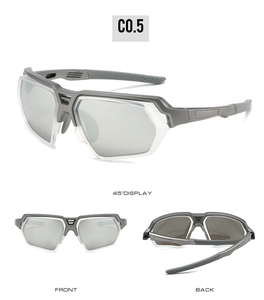 Three-angle views of silver cycling sunglasses featuring reflective lenses and a semi-rimless frame