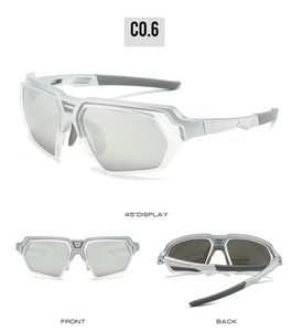 Three-way view of silver sports cycling sunglasses with mirrored lenses and rubber tips