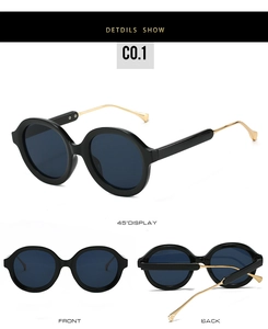 Detailed views of retro oval sunglasses with thick black frames and gold metal temples