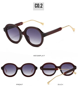 Three-view display of wine red oval sunglasses with purple gradient lenses and gold metal arms