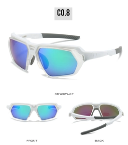 Three views of sports cycling sunglasses with white frames and blue-green polarized lenses