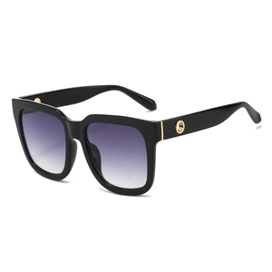 Fashion square oversized sunglasses with black frame, gradient purple lenses and gold accents
