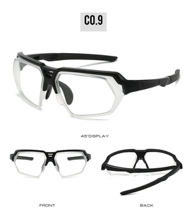 Detailed views of sports cycling sunglasses with black and white streamlined frame design