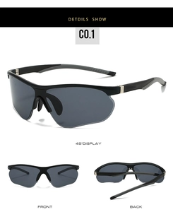 Three-angle view of black semi-rimless sports sunglasses with dark grey UV lenses